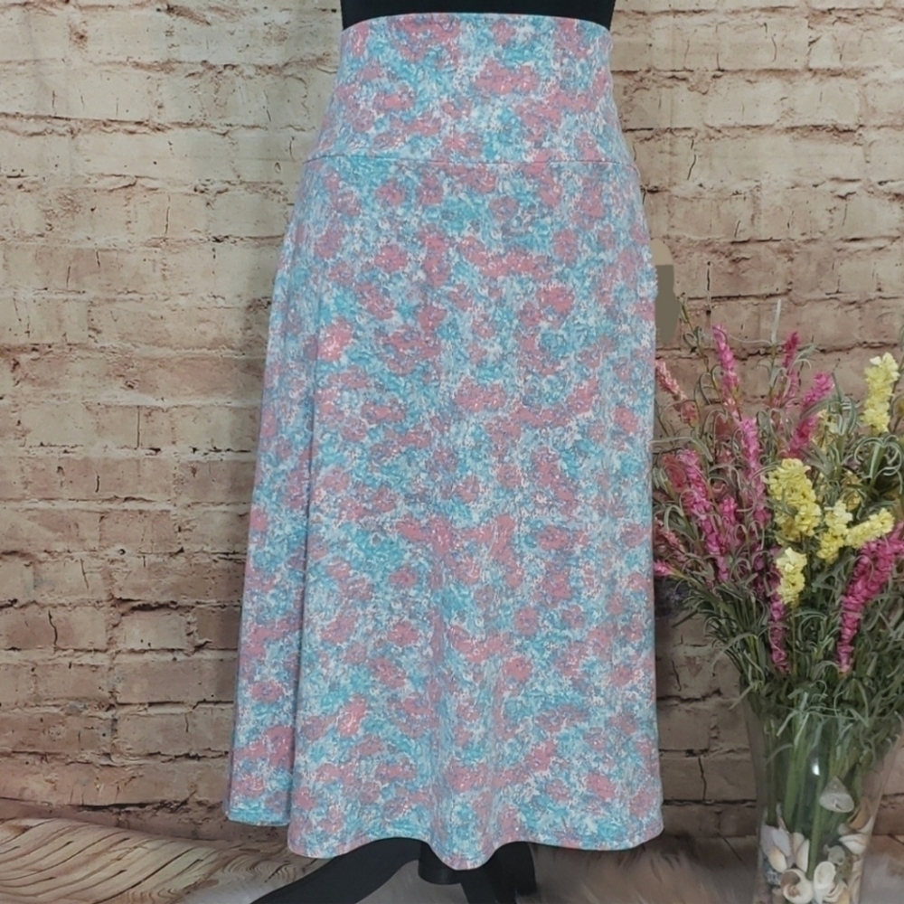 LuLaRoe Azure Skirt Blue Pink Floral Women's Plus Size 2XL Midi High Waist EUC